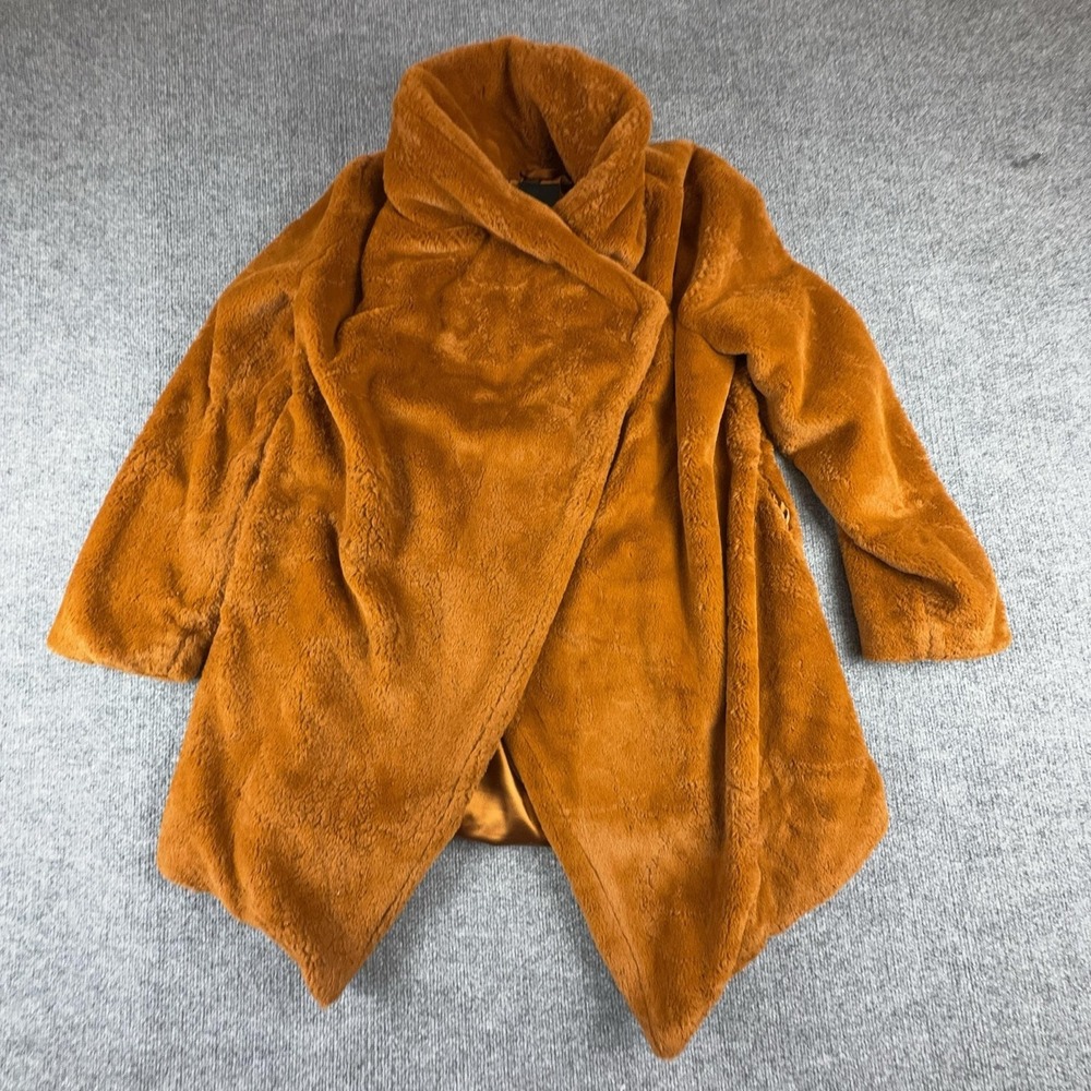 Forever 21 Coat Womens Large Orange Faux Fur Teddy Open Front Mid Length